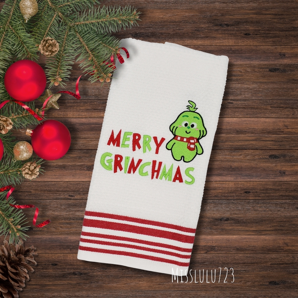 Merry Grinchmas Grinch Inspired Embroidered Kitchen Towel